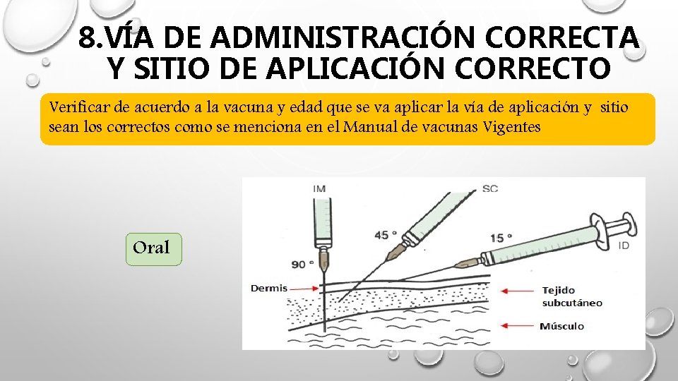 8. VÍA DE ADMINISTRACIÓN CORRECTA Y SITIO DE APLICACIÓN CORRECTO Verificar de acuerdo a 8. VÍA DE ADMINISTRACIÓN CORRECTA Y SITIO DE APLICACIÓN CORRECTO Verificar de acuerdo a