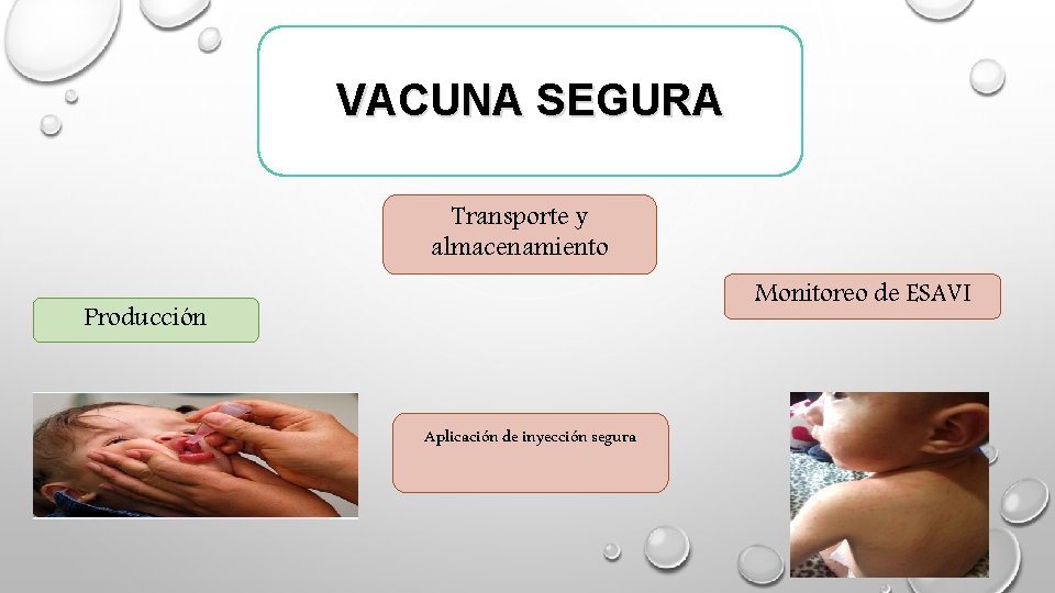 VACUNA SEGURA Transporte y almacenamiento Monitoreo de ESAVI Producción Aplicación de inyección segura VACUNA SEGURA Transporte y almacenamiento Monitoreo de ESAVI Producción Aplicación de inyección segura