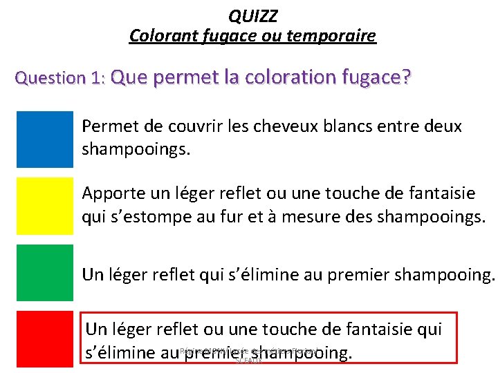 QUIZZ Colorant fugace ou temporaire Question 1: Que permet la coloration fugace? Permet de