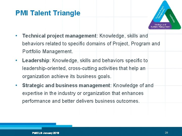 PMI Talent Triangle • Technical project management: Knowledge, skills and behaviors related to specific