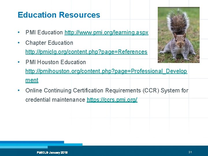 Education Resources • PMI Education http: //www. pmi. org/learning. aspx • Chapter Education http: