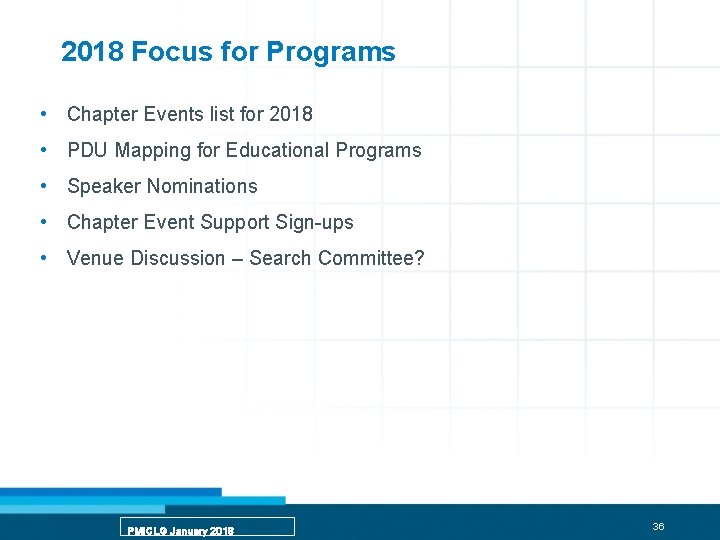 2018 Focus for Programs • Chapter Events list for 2018 • PDU Mapping for