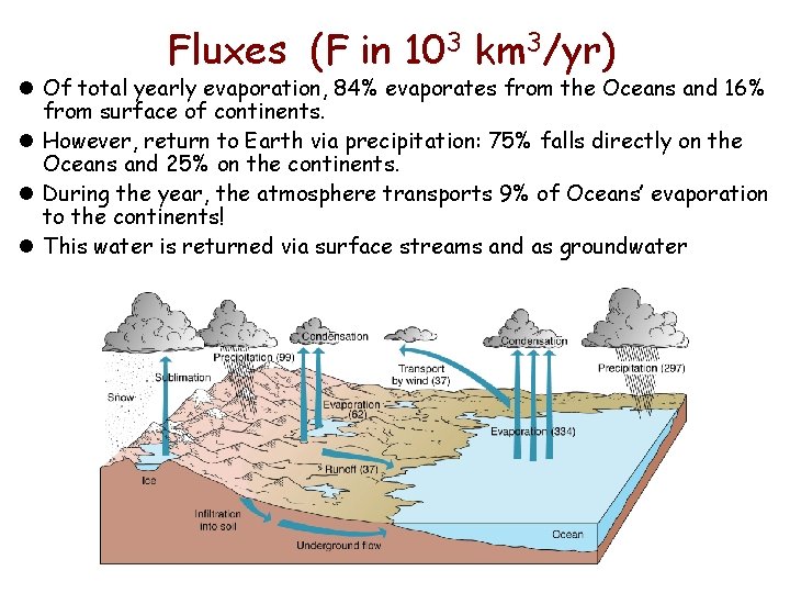 Fluxes (F in 103 km 3/yr) l Of total yearly evaporation, 84% evaporates from