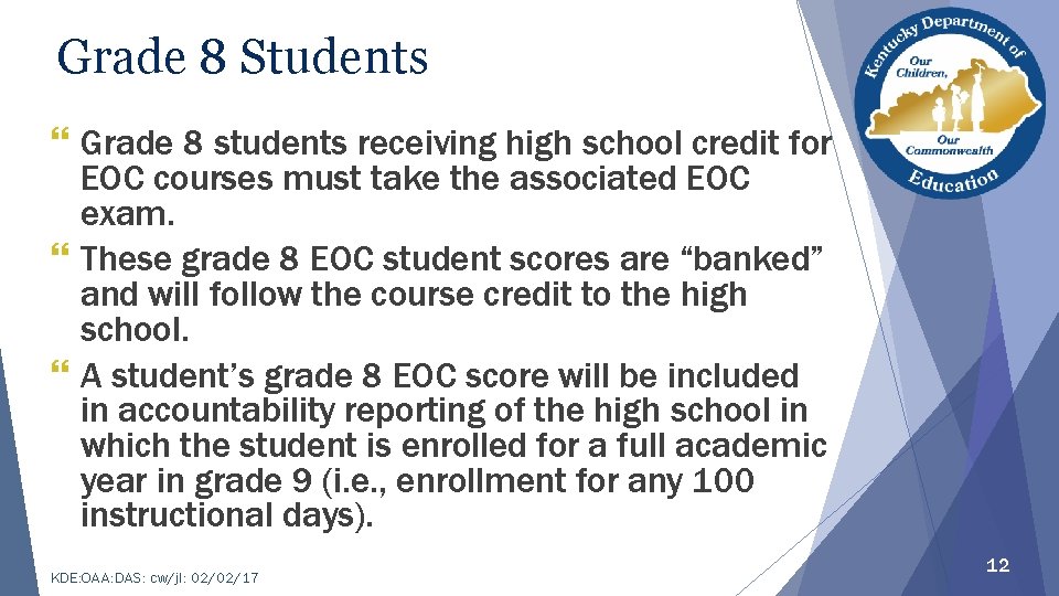 Grade 8 Students } Grade 8 students receiving high school credit for EOC courses