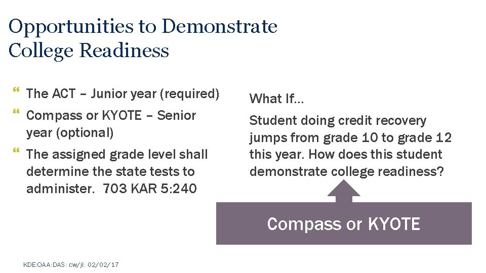 Opportunities to Demonstrate College Readiness } The ACT – Junior year (required) What If…