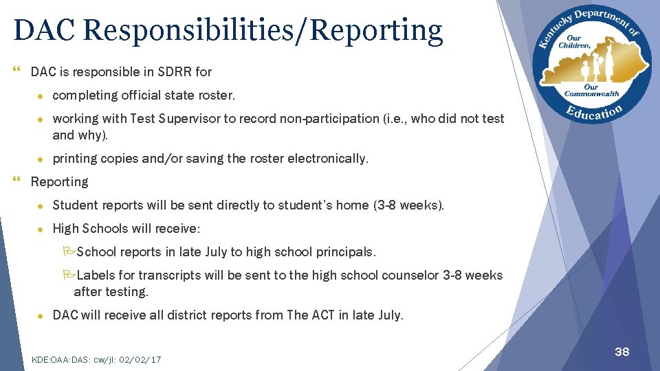 DAC Responsibilities/Reporting } DAC is responsible in SDRR for ● completing official state roster.