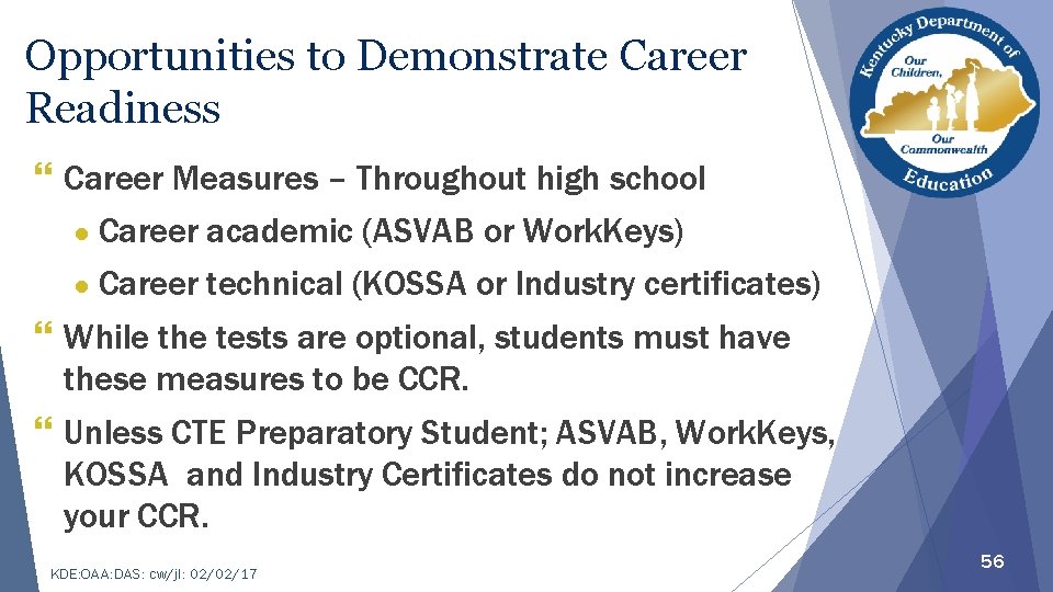 Opportunities to Demonstrate Career Readiness } Career Measures – Throughout high school ● Career