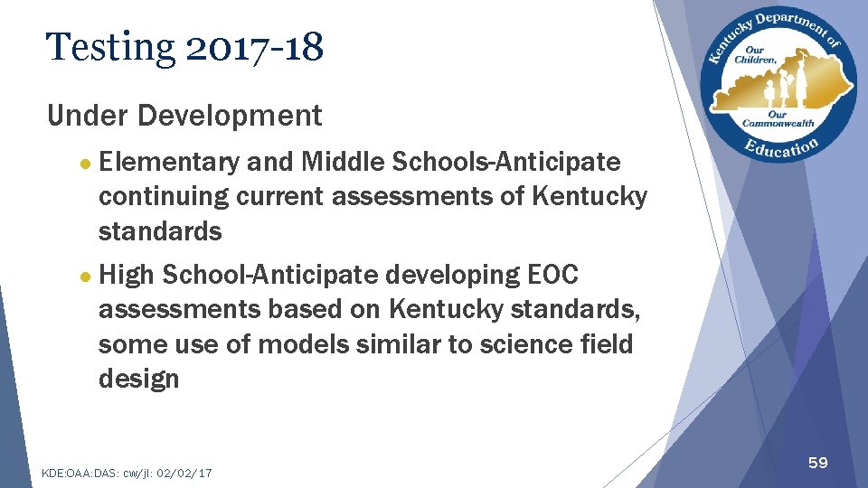 Testing 2017 -18 Under Development ● Elementary and Middle Schools-Anticipate continuing current assessments of