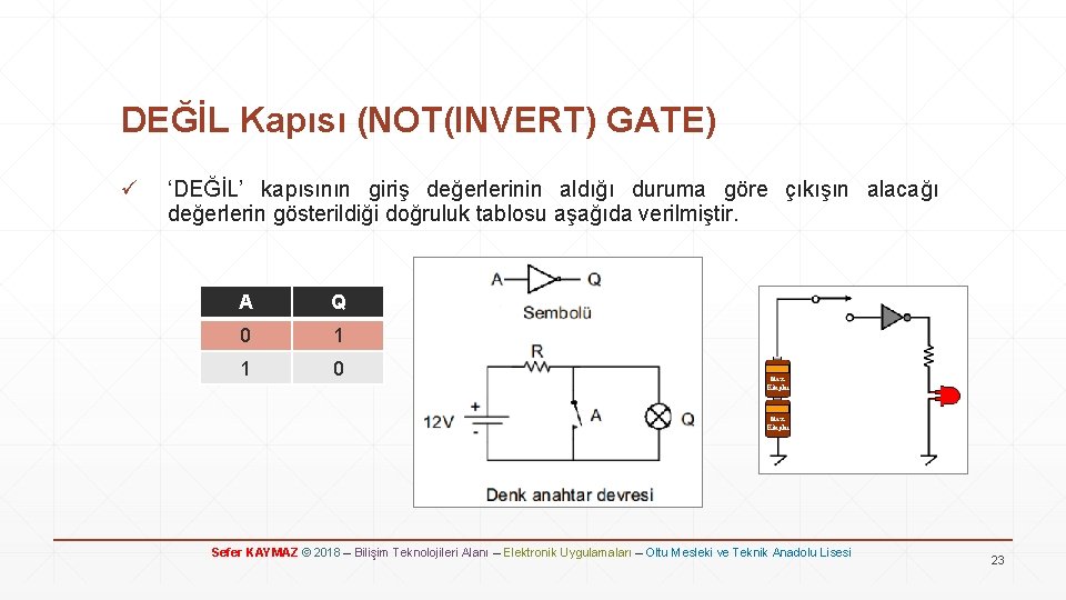DEĞİL Kapısı (NOT(INVERT) GATE) ü ‘DEĞİL’ kapısının giriş değerlerinin aldığı duruma göre çıkışın alacağı