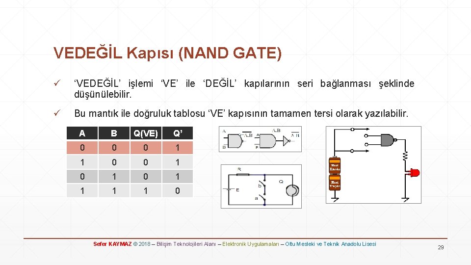 VEDEĞİL Kapısı (NAND GATE) ü ‘VEDEĞİL’ işlemi ‘VE’ ile ‘DEĞİL’ kapılarının seri bağlanması şeklinde