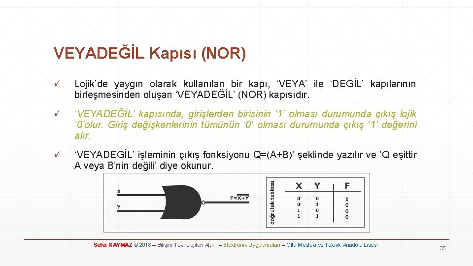VEYADEĞİL Kapısı (NOR) ü Lojik’de yaygın olarak kullanılan bir kapı, ‘VEYA’ ile ‘DEĞİL’ kapılarının