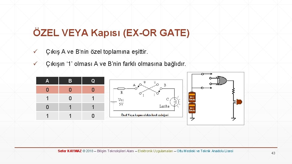 ÖZEL VEYA Kapısı (EX-OR GATE) ü Çıkış A ve B‘nin özel toplamına eşittir. ü