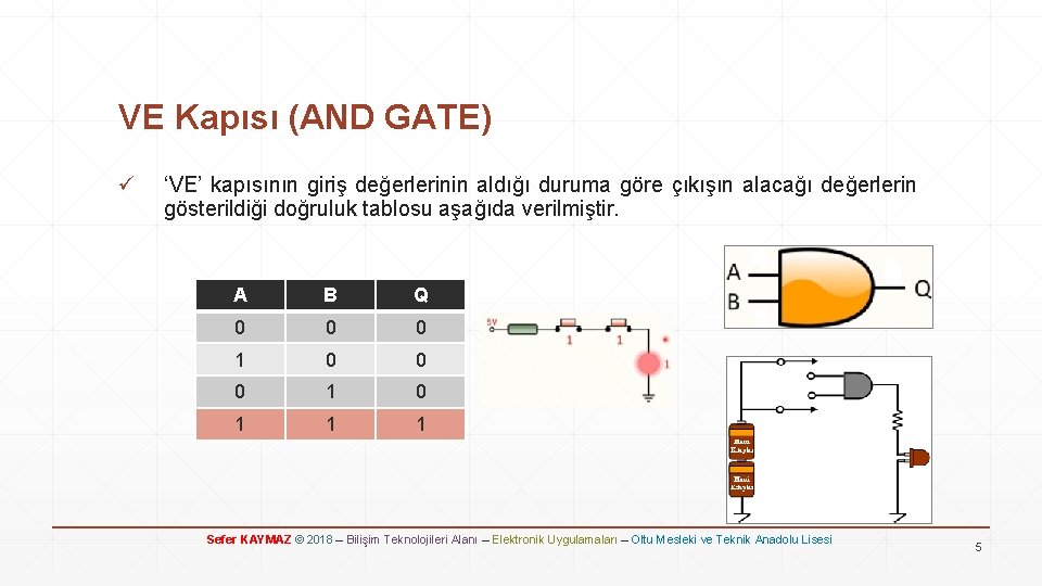 VE Kapısı (AND GATE) ü ‘VE’ kapısının giriş değerlerinin aldığı duruma göre çıkışın alacağı