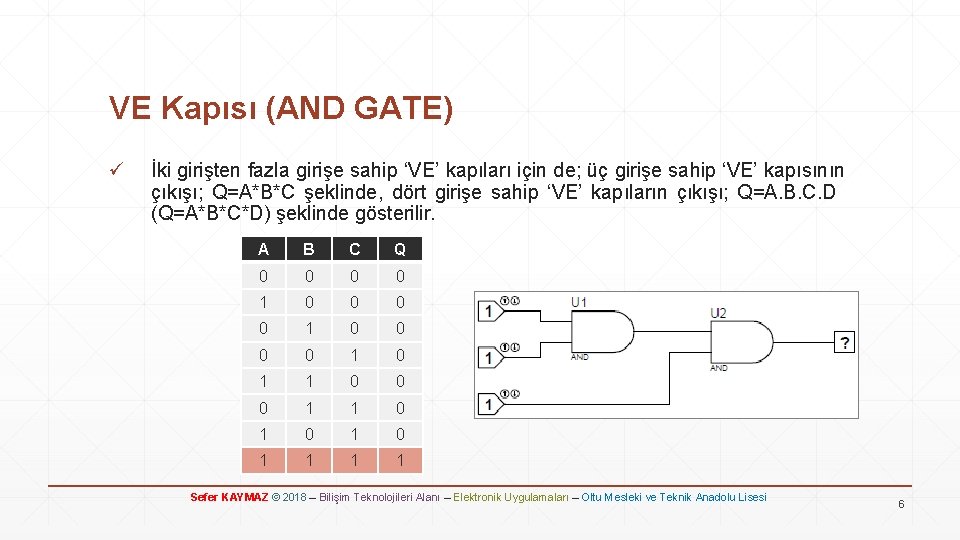 VE Kapısı (AND GATE) ü İki girişten fazla girişe sahip ‘VE’ kapıları için de;