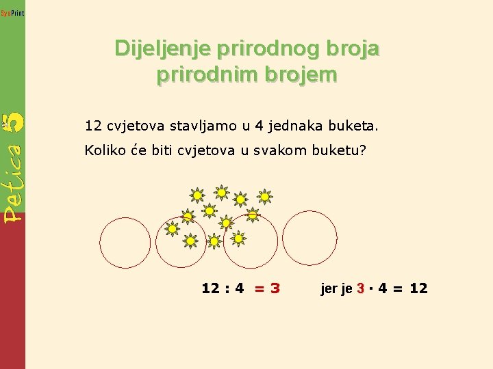 Sys. Print Dijeljenje prirodnog broja prirodnim brojem 12 cvjetova stavljamo u 4 jednaka buketa.