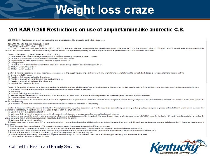 Weight loss craze 201 KAR 9: 260 Restrictions on use of amphetamine-like anorectic C.