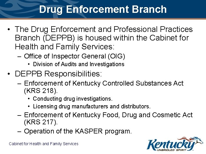 Drug Enforcement Branch • The Drug Enforcement and Professional Practices Branch (DEPPB) is housed