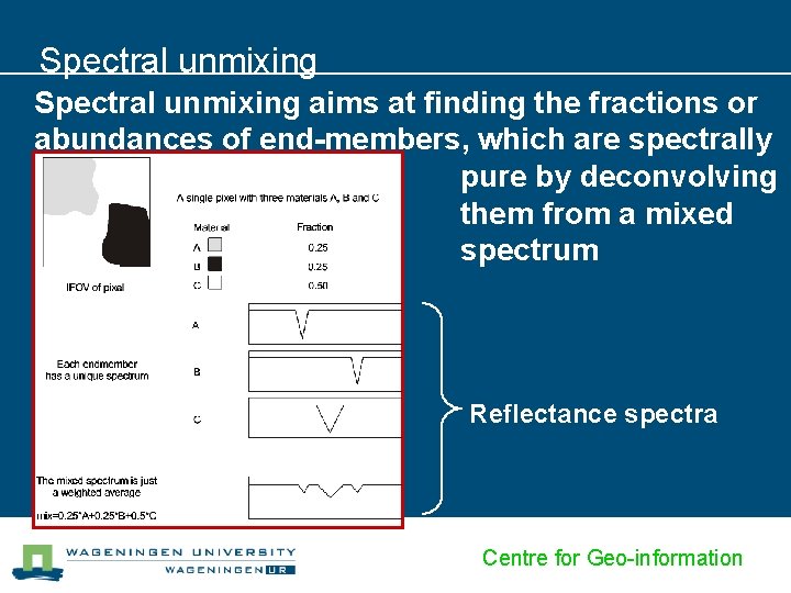 Spectral unmixing aims at finding the fractions or abundances of end-members, which are spectrally