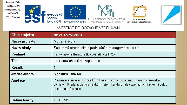 Číslo projektu OP VK 1. 5 25549863 Název projektu Moderní škola Název školy Soukromá