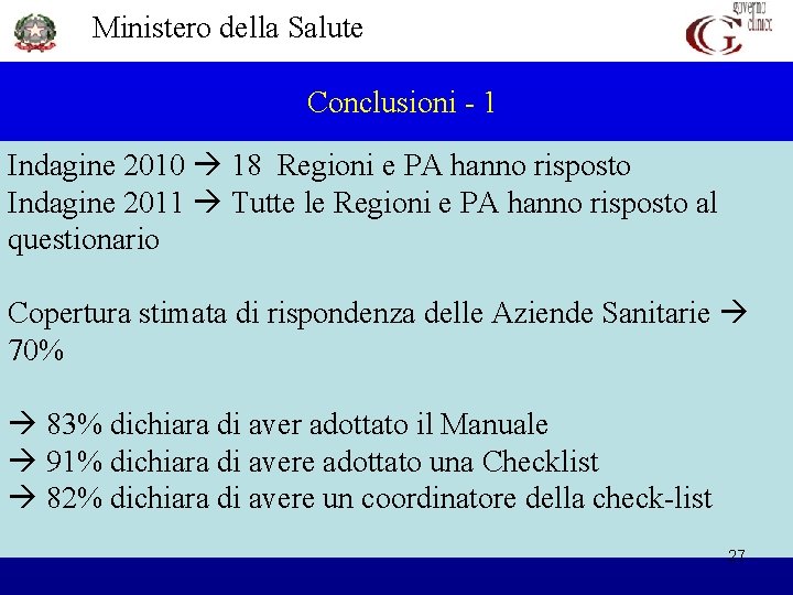 Ministero della Salute Conclusioni - 1 Indagine 2010 18 Regioni e PA hanno risposto