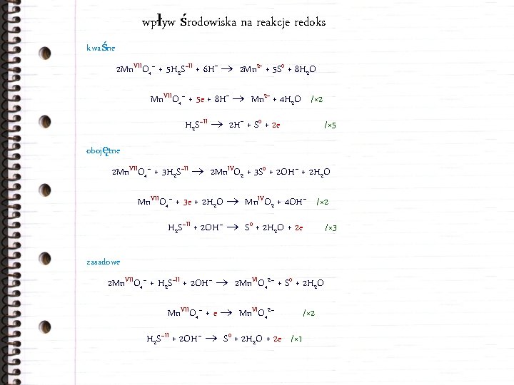 wpływ środowiska na reakcje redoks kwaśne 2 Mn. VIIO 4– + 5 H 2