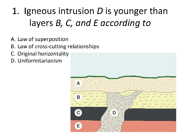 1. Igneous intrusion D is younger than layers B, C, and E according to