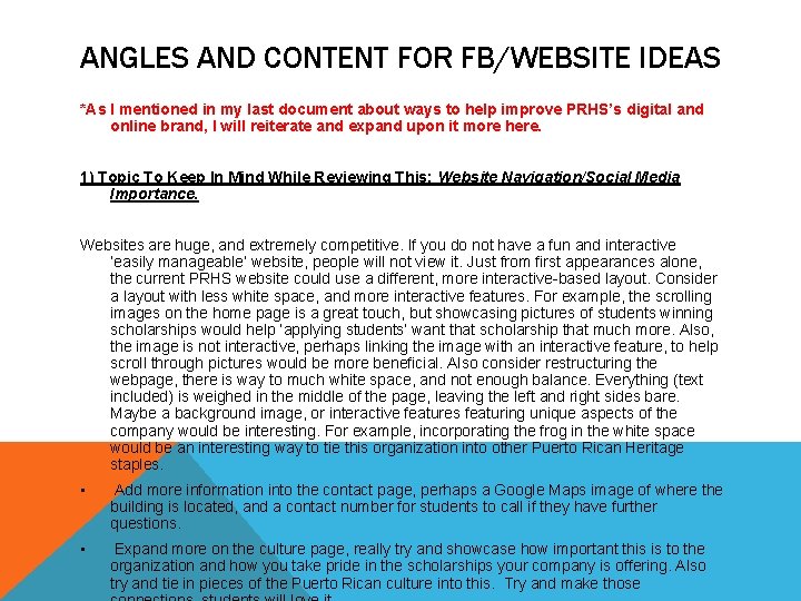 ANGLES AND CONTENT FOR FB/WEBSITE IDEAS *As I mentioned in my last document about