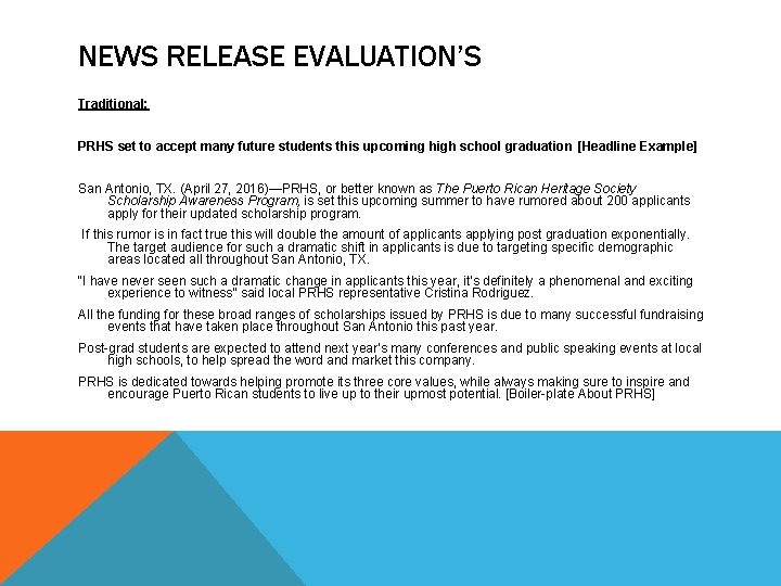 NEWS RELEASE EVALUATION’S Traditional: PRHS set to accept many future students this upcoming high