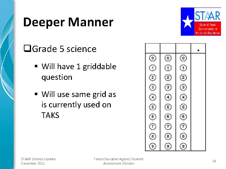 Deeper Manner q. Grade 5 science § Will have 1 griddable question § Will