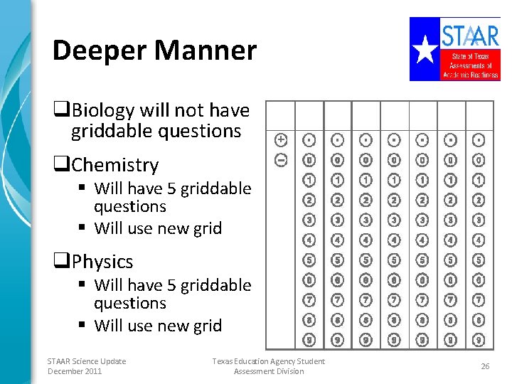 Deeper Manner q. Biology will not have griddable questions q. Chemistry § Will have