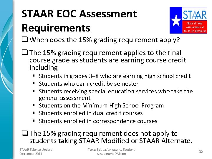 STAAR EOC Assessment Requirements q When does the 15% grading requirement apply? q The