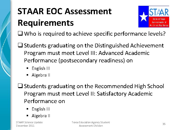 STAAR EOC Assessment Requirements q Who is required to achieve specific performance levels? q