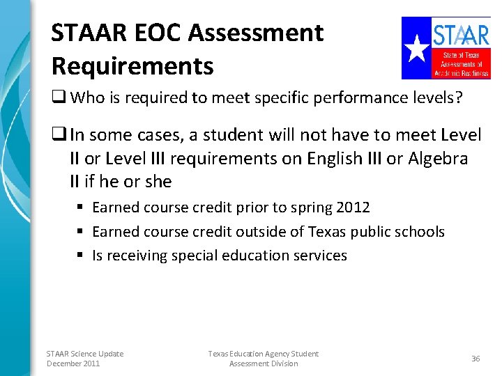 STAAR EOC Assessment Requirements q Who is required to meet specific performance levels? q