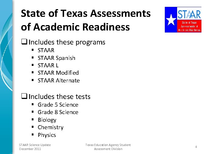 State of Texas Assessments of Academic Readiness q Includes these programs § § §