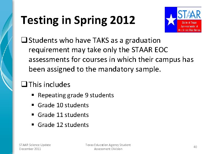 Testing in Spring 2012 q Students who have TAKS as a graduation requirement may