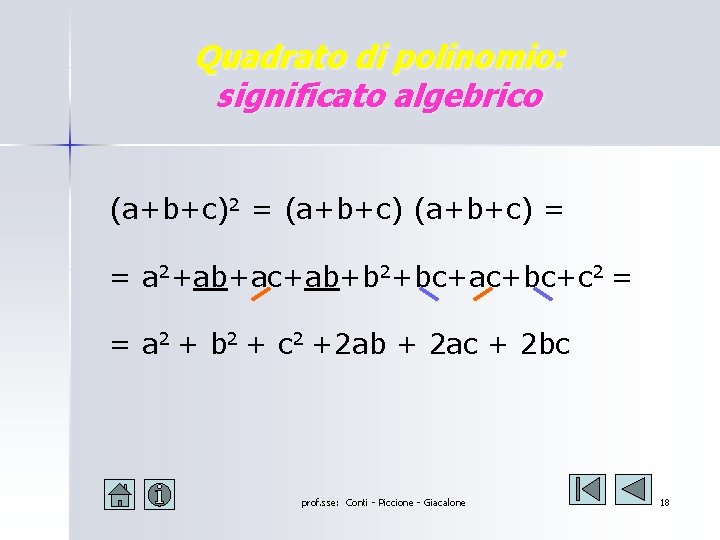 Quadrato di polinomio: significato algebrico (a+b+c)2 = (a+b+c) = = a 2+ab+ac+ab+b 2+bc+ac+bc+c 2 Quadrato di polinomio: significato algebrico (a+b+c)2 = (a+b+c) = = a 2+ab+ac+ab+b 2+bc+ac+bc+c 2