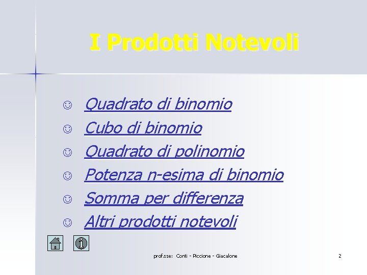 I Prodotti Notevoli J J J Quadrato di binomio Cubo di binomio Quadrato di I Prodotti Notevoli J J J Quadrato di binomio Cubo di binomio Quadrato di