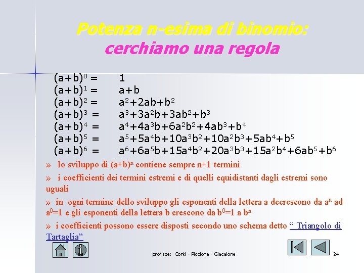 Potenza n-esima di binomio: cerchiamo una regola (a+b)0 = (a+b)1 = (a+b)2 = (a+b)3 Potenza n-esima di binomio: cerchiamo una regola (a+b)0 = (a+b)1 = (a+b)2 = (a+b)3