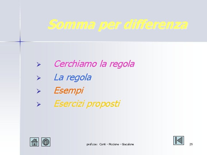 Somma per differenza Ø Ø Cerchiamo la regola La regola Esempi Esercizi proposti prof. Somma per differenza Ø Ø Cerchiamo la regola La regola Esempi Esercizi proposti prof.
