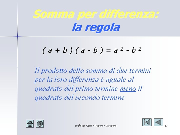 Somma per differenza: la regola (a+b)(a-b)=a 2 -b 2 Il prodotto della somma di Somma per differenza: la regola (a+b)(a-b)=a 2 -b 2 Il prodotto della somma di