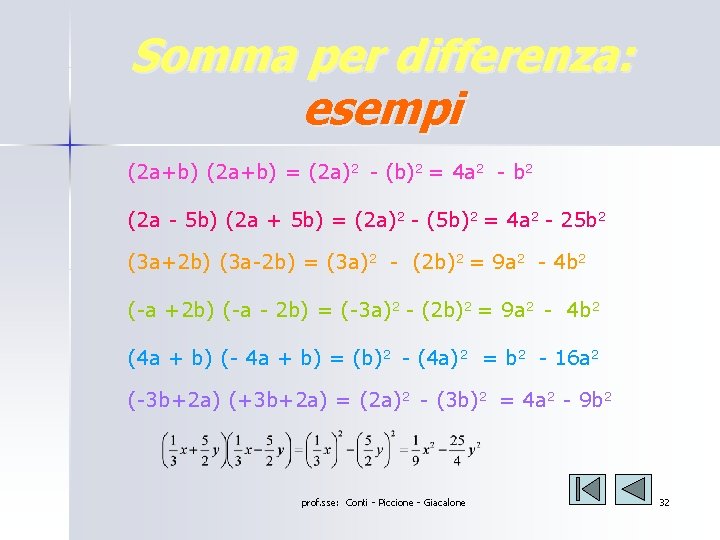 Somma per differenza: esempi (2 a+b) = (2 a)2 - (b)2 = 4 a Somma per differenza: esempi (2 a+b) = (2 a)2 - (b)2 = 4 a