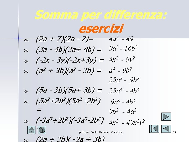 Somma per differenza: esercizi @ @ @ @ (2 a + 7)(2 a - Somma per differenza: esercizi @ @ @ @ (2 a + 7)(2 a -