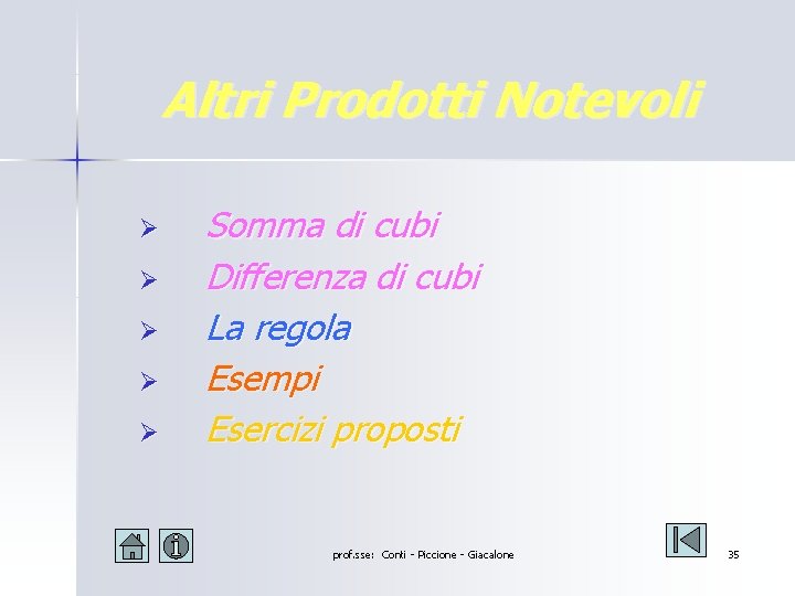 Altri Prodotti Notevoli Ø Ø Ø Somma di cubi Differenza di cubi La regola Altri Prodotti Notevoli Ø Ø Ø Somma di cubi Differenza di cubi La regola