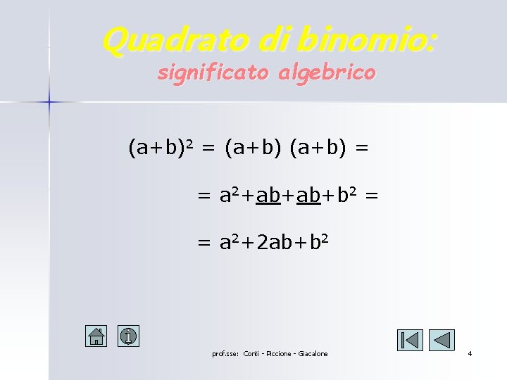 Quadrato di binomio: significato algebrico (a+b)2 = (a+b) = = a 2+ab+ab+b 2 = Quadrato di binomio: significato algebrico (a+b)2 = (a+b) = = a 2+ab+ab+b 2 =