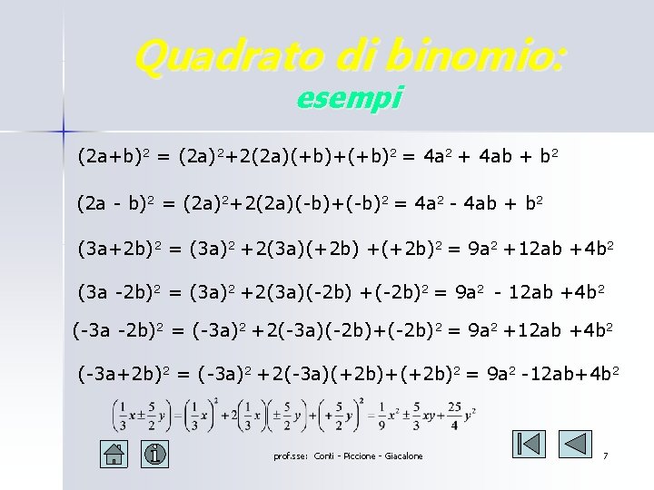 Quadrato di binomio: esempi (2 a+b)2 = (2 a)2+2(2 a)(+b)+(+b)2 = 4 a 2 Quadrato di binomio: esempi (2 a+b)2 = (2 a)2+2(2 a)(+b)+(+b)2 = 4 a 2