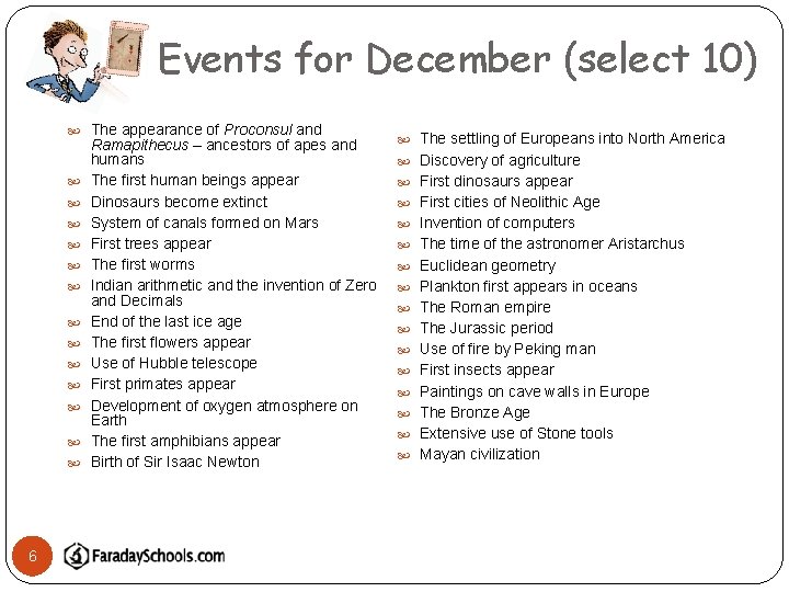 Events for December (select 10) The appearance of Proconsul and 6 Ramapithecus – ancestors