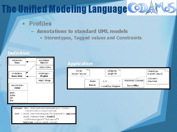 The Unified Modeling Language • Profiles – Annotations to standard UML models • Stereotypes,