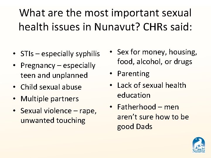 What are the most important sexual health issues in Nunavut? CHRs said: • STIs