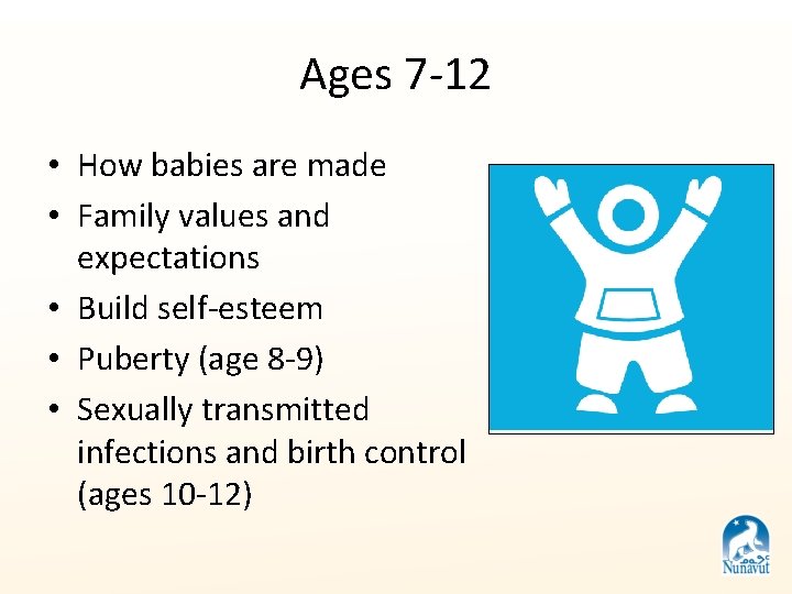 Ages 7 -12 • How babies are made • Family values and expectations •