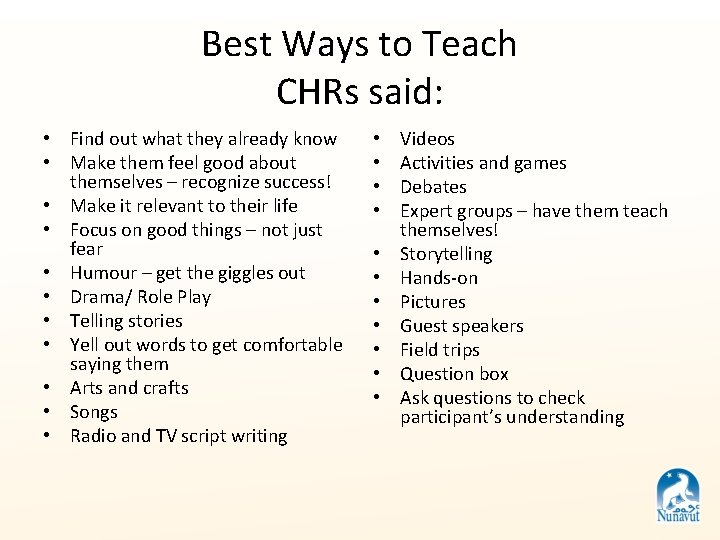 Best Ways to Teach CHRs said: • Find out what they already know •